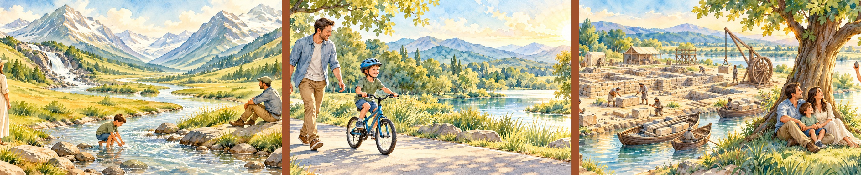 Three connected watercolour scenes representing the journey through Why We Behave: understanding what lies beneath behaviour, supporting development and learning, and recognising the wider human and relational context.