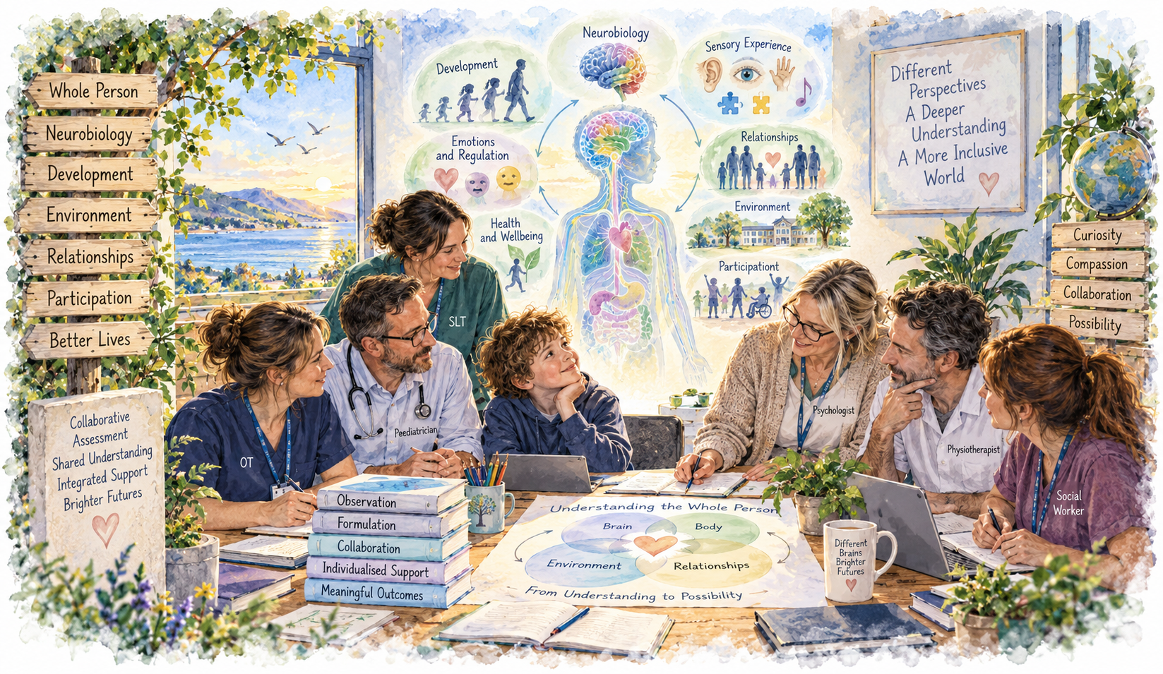 Watercolour of an interdisciplinary healthcare team considering the whole person across brain, body, development, relationships, environment and participation.