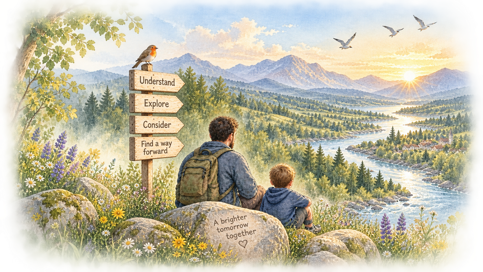 Watercolour of a parent and child overlooking a river valley beside a four-stage signpost.