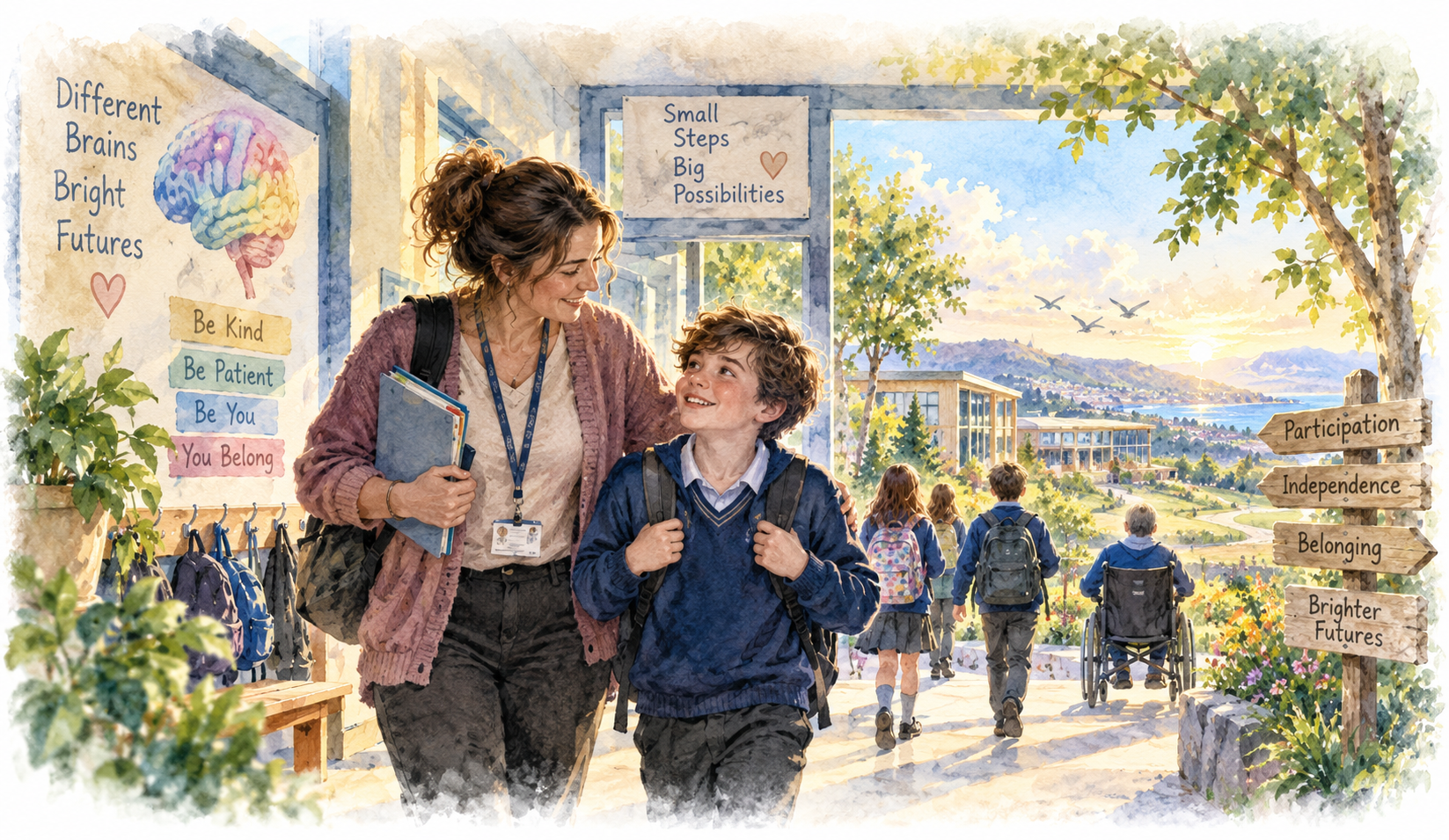 Watercolour of a Special Needs Assistant walking alongside a student in an inclusive school environment.