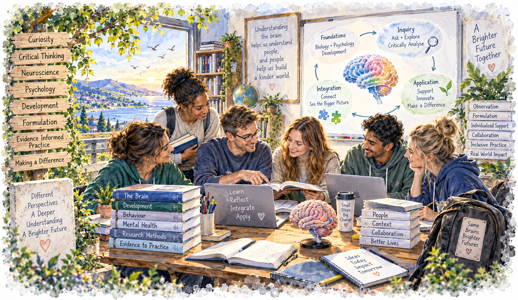 Watercolour of university students collaboratively learning across neuroscience, psychology, development, formulation and evidence-informed practice.