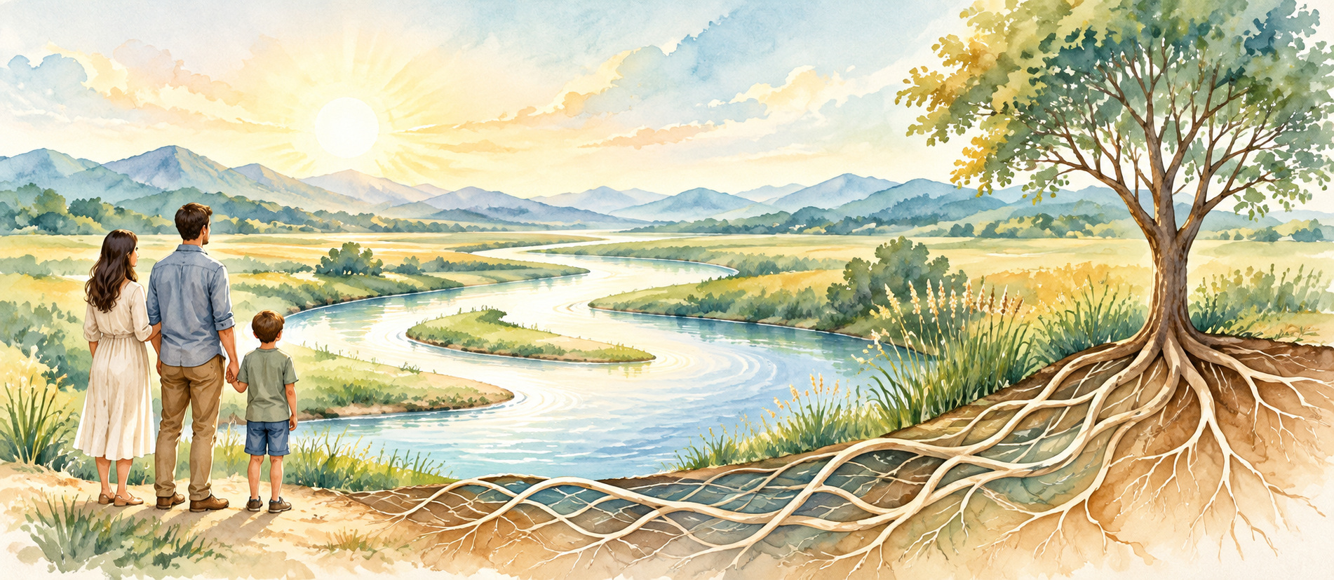 A family beside a river landscape with the roots of a nearby tree visible beneath the ground.