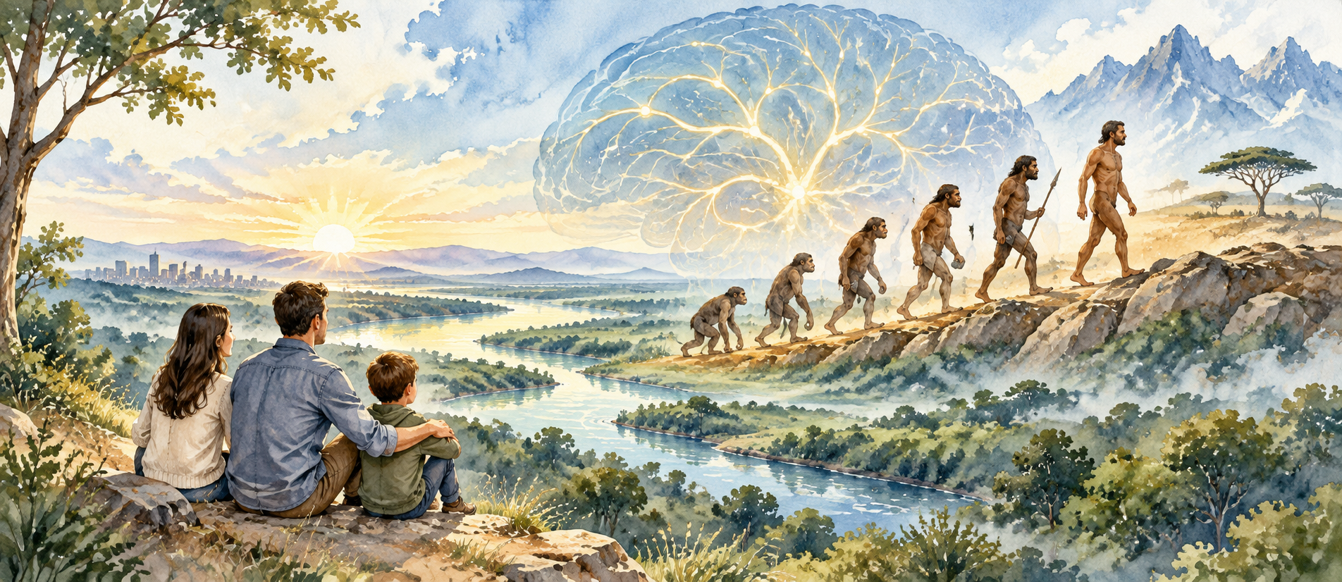 A family overlooking a landscape where human evolutionary history leads towards a luminous brain, connecting ancient inheritance with modern life.